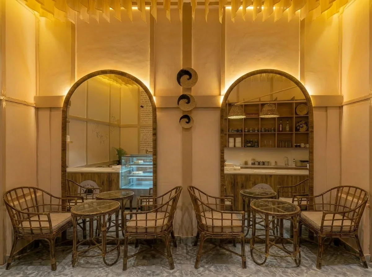 The mirrored double-arch accent wall beside the tea bar, with rattan armchairs and glass-top tables either side